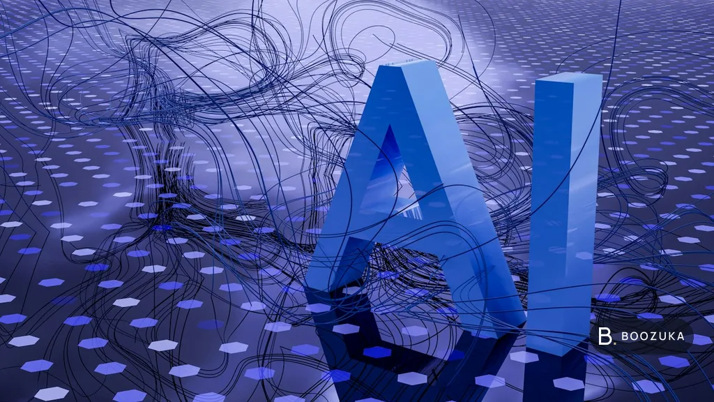 A 3D blue AI sign on a dark digital background