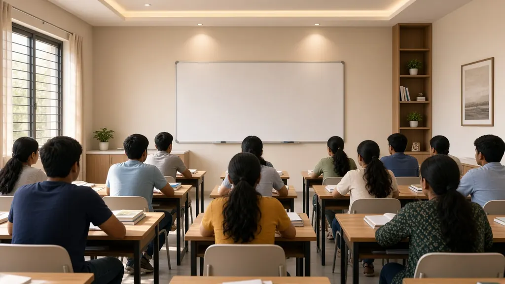 Students seated at desks in a bright classroom, facing a whiteboard