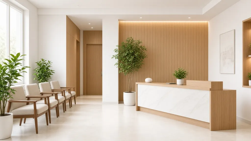 A calm clinic reception desk and waiting area