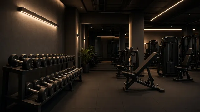 An empty modern gym floor with weights and training equipment
