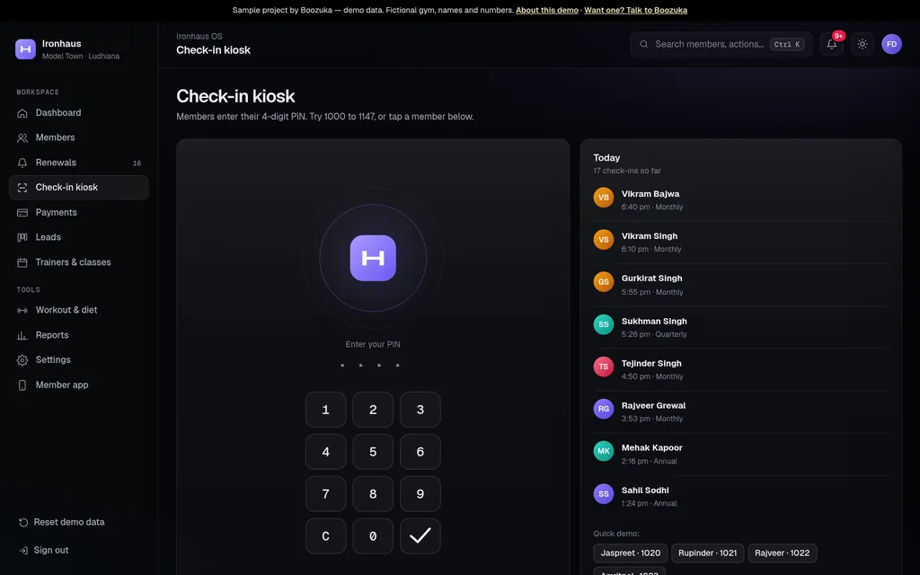 Ironhaus OS Check-in screen