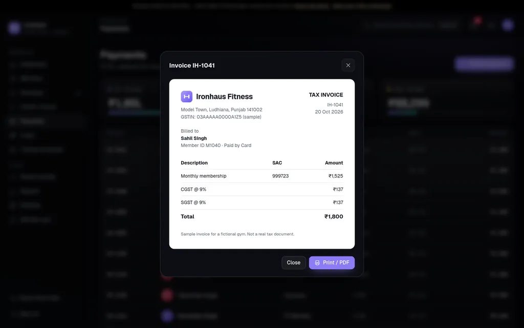 Ironhaus OS Payments screen