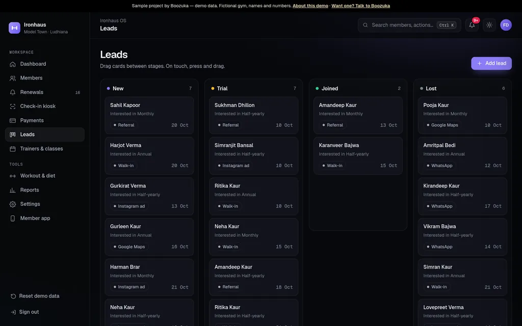 Ironhaus OS Leads screen