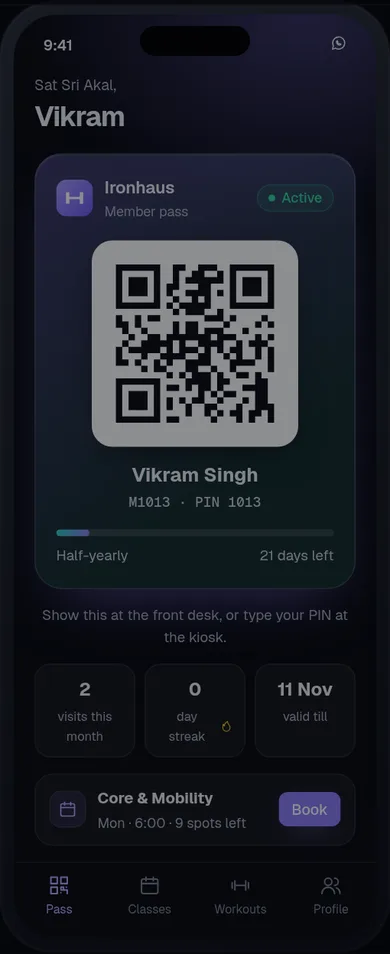 Ironhaus member app showing a QR pass