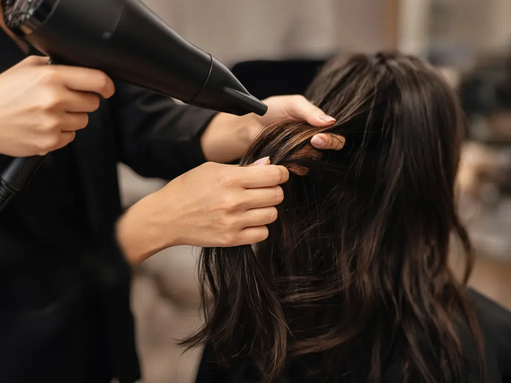 Close-up of a stylist blow-drying and shaping a client's hair
