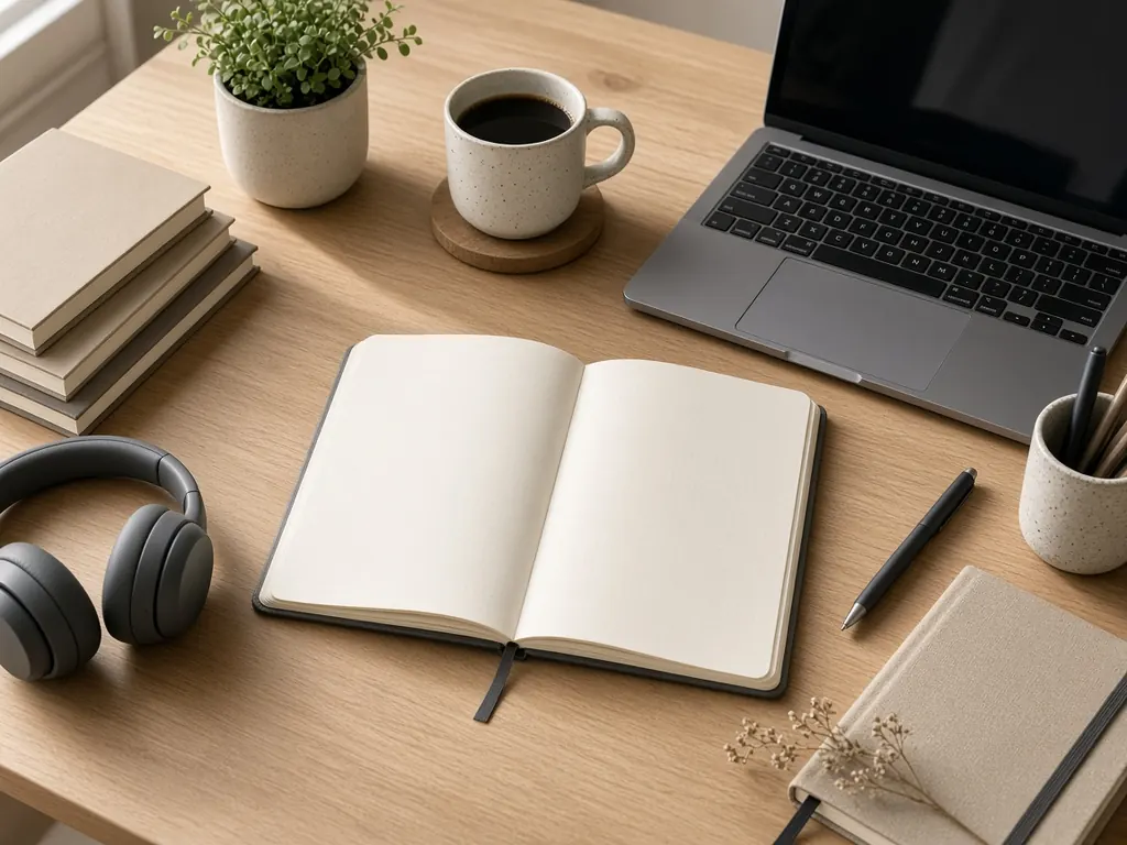 An IELTS study desk with practice booklets, notebook, pen and headphones