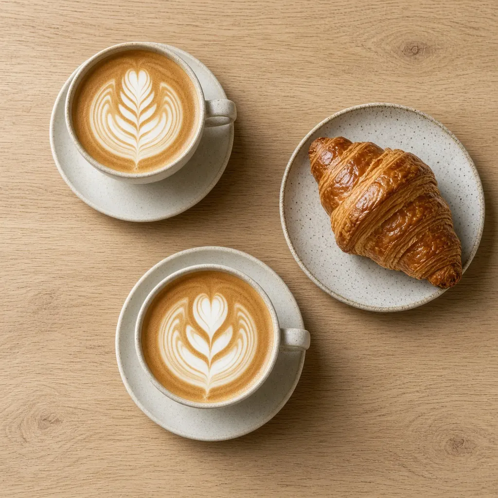 Top-down view of a latte with latte art next to a pastry on a wooden table