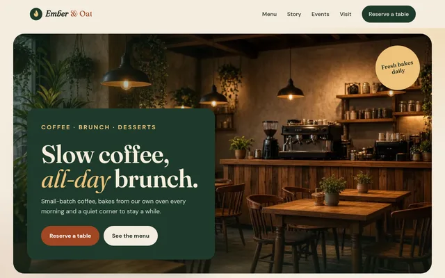 Screenshot of the Ember & Oat cafe sample website