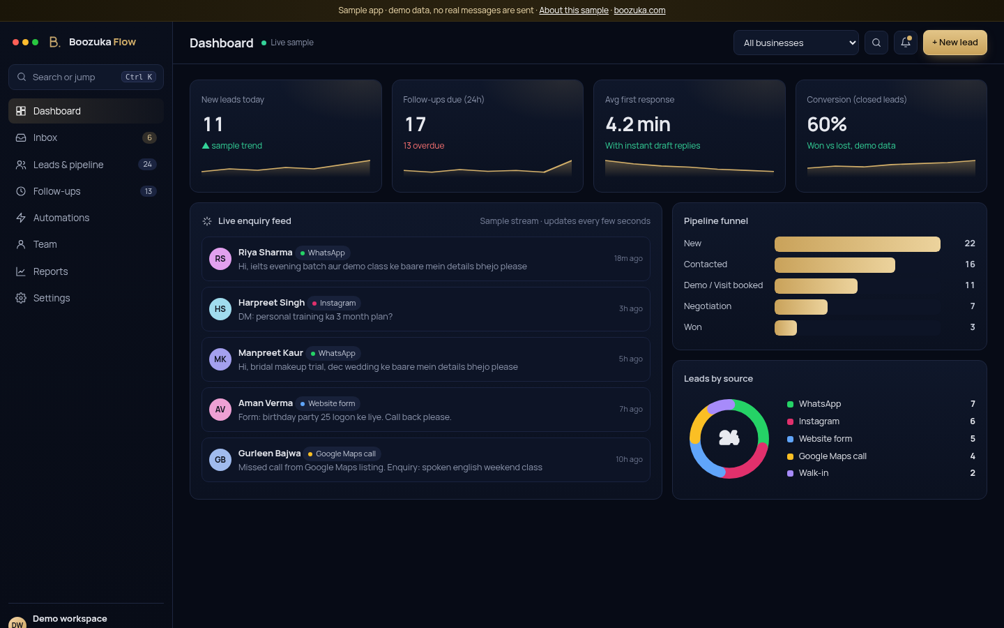 Boozuka Flow dashboard with live enquiry feed, funnel and lead sources